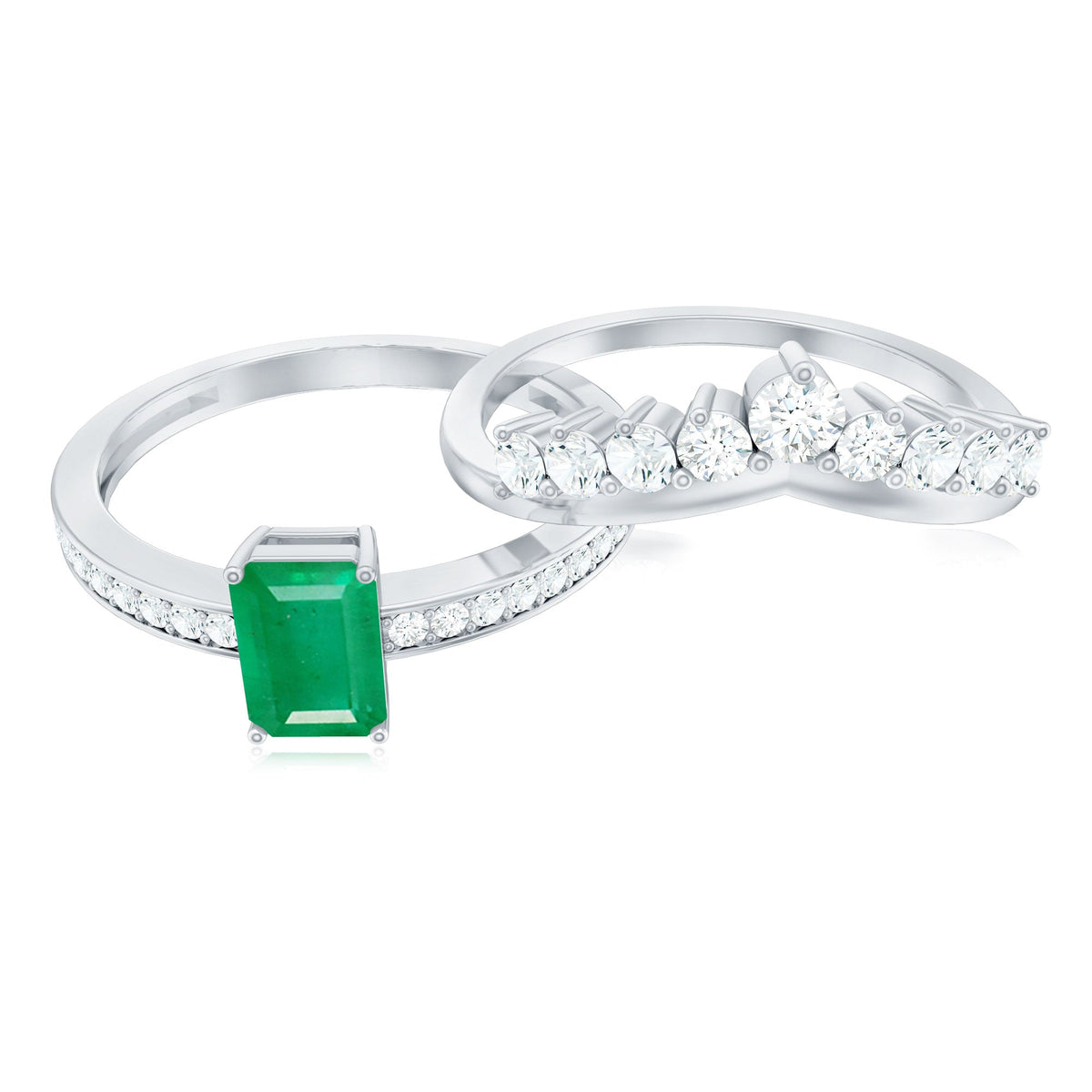 Natural emerald diamond engagement ring with emerald cut center stone and curved wedding band by Rosec Jewels