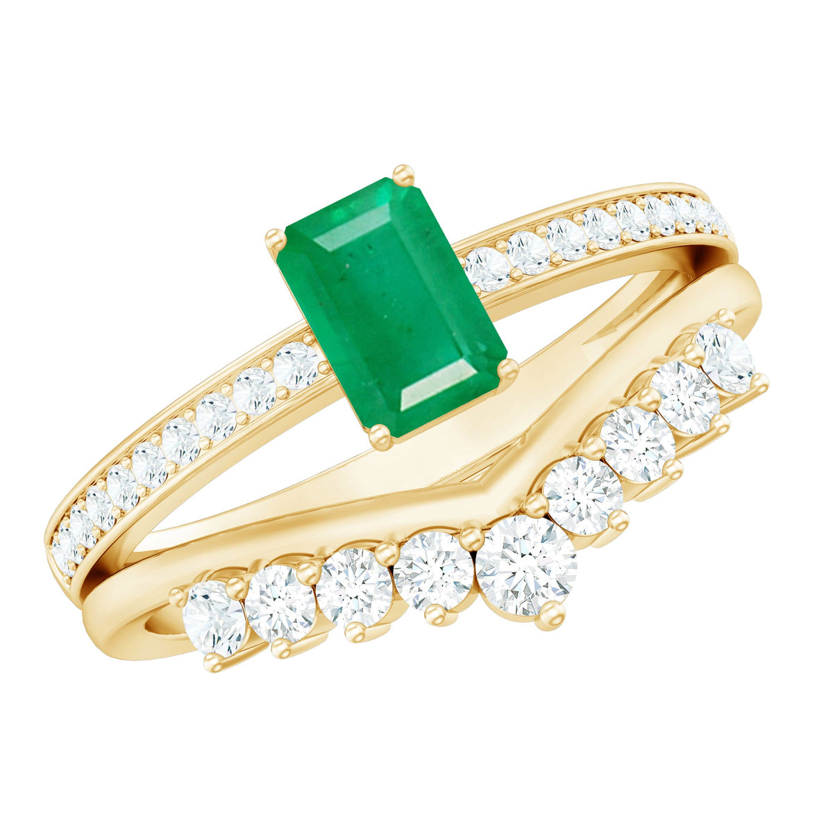 Natural emerald diamond engagement ring with curved wedding band, featuring an emerald cut center stone and rose gold setting.