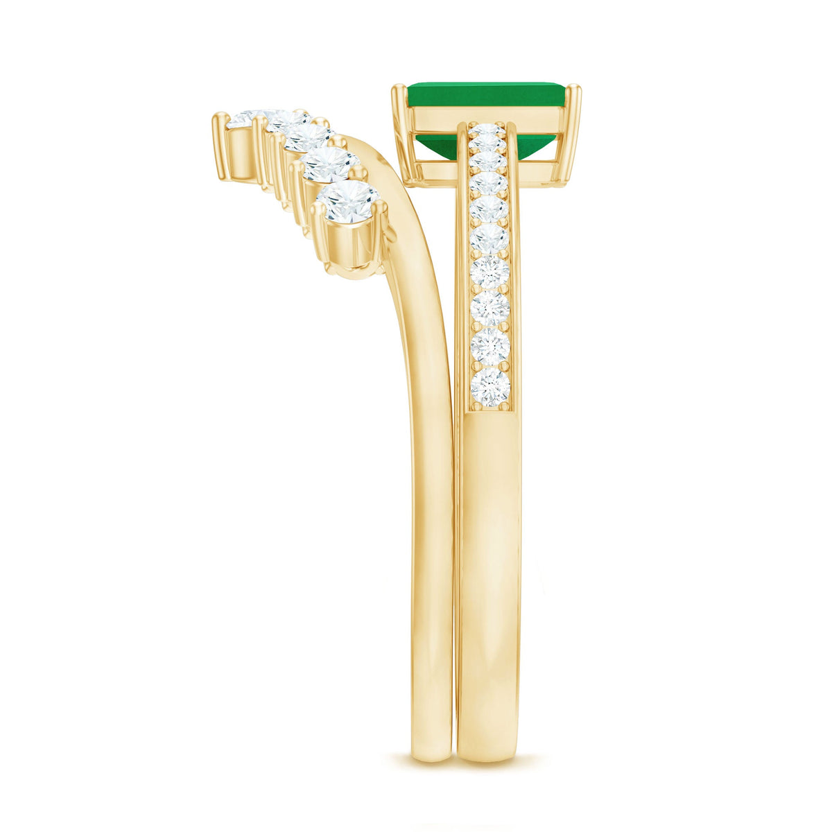 Natural emerald diamond engagement ring with emerald cut and curved wedding band by Rosec Jewels, showcasing the elegant design.