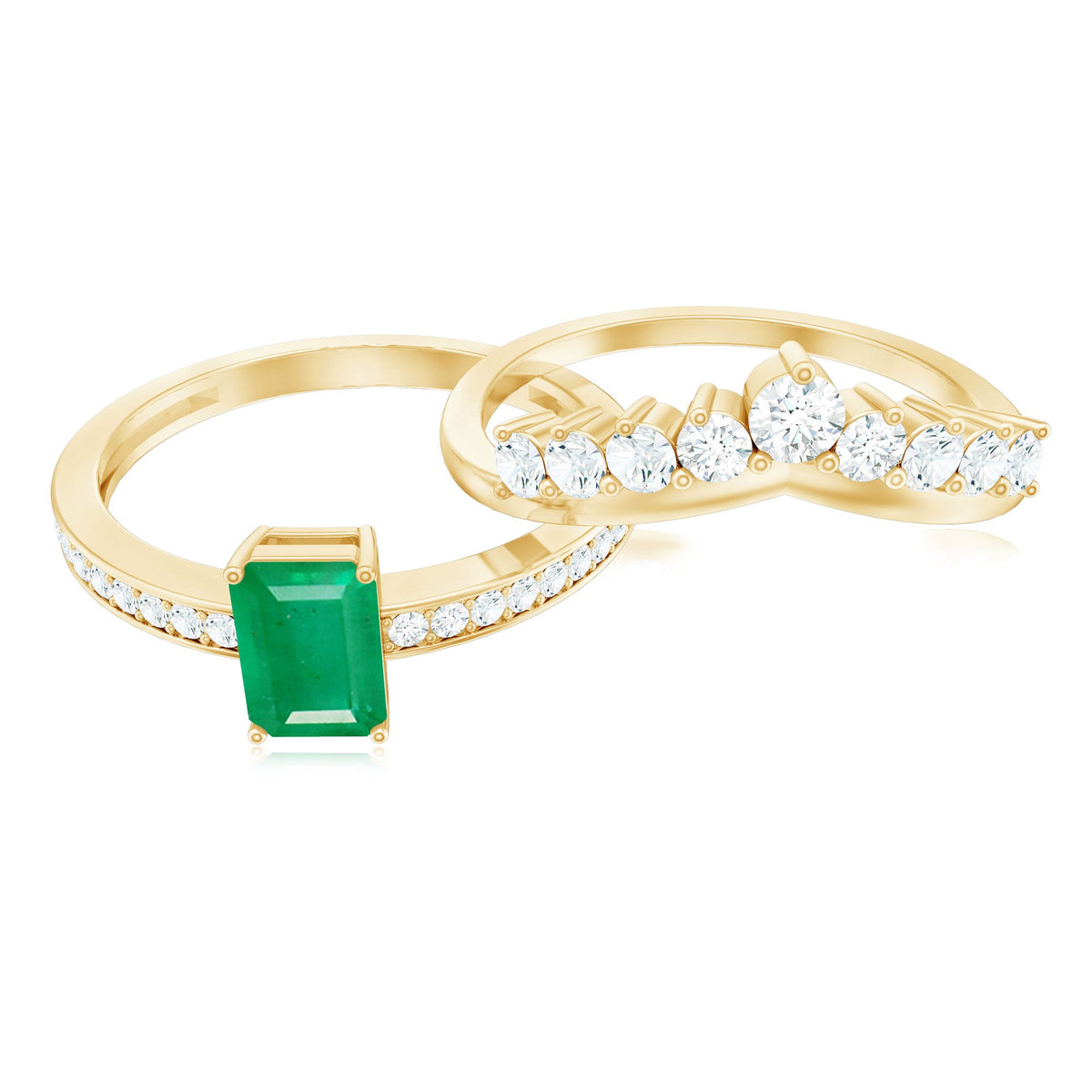 Natural emerald diamond engagement ring with emerald cut gemstone and curved wedding band by Rosec Jewels.