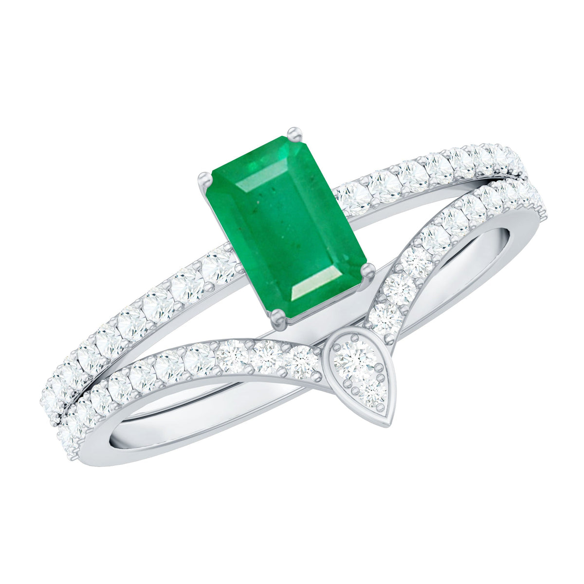 Certified natural emerald and diamond engagement and wedding band set by Rosec Jewels featuring emerald cut rings.