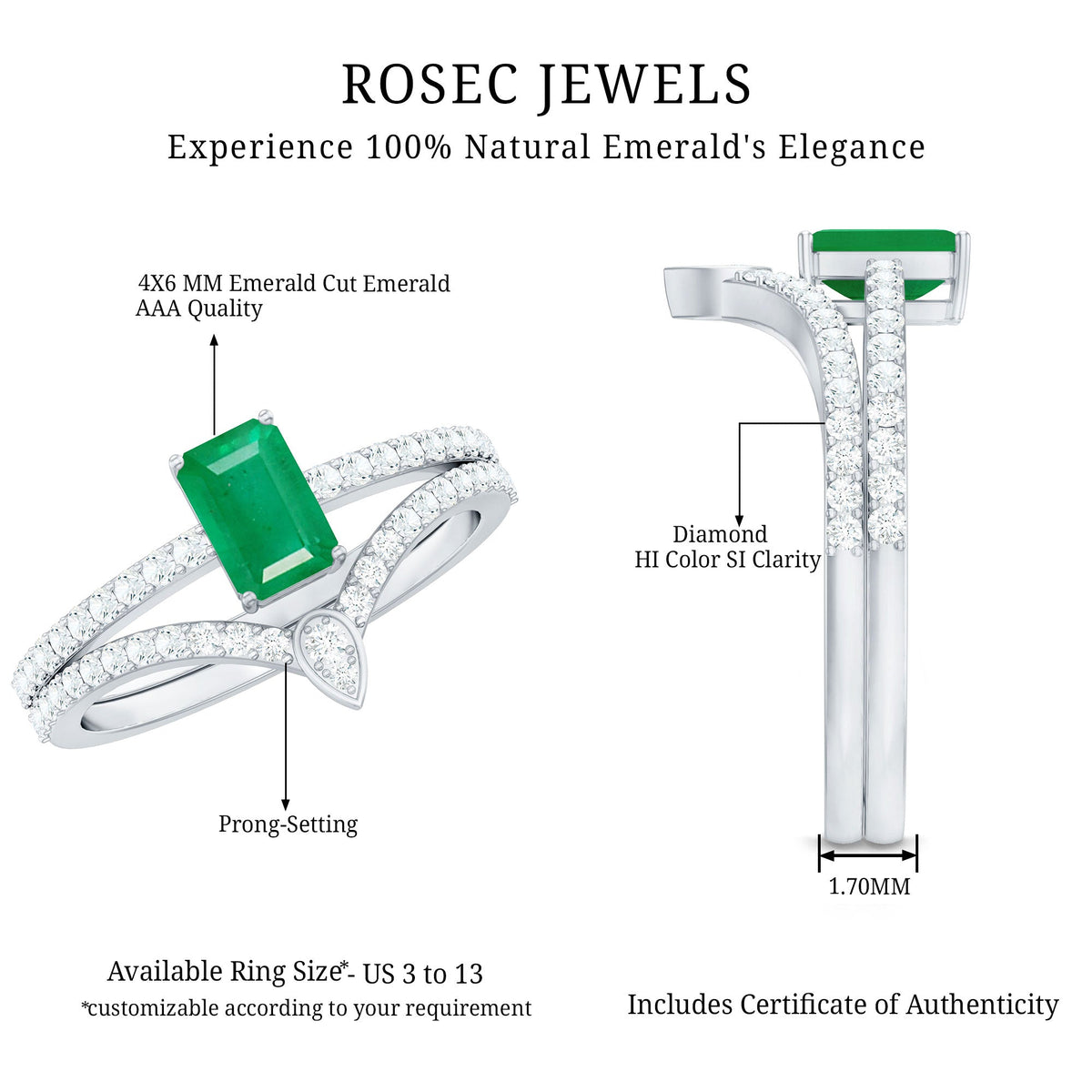 Certified natural emerald and diamond engagement and wedding band set by Rosec Jewels, featuring emerald-cut stones and elegant design.