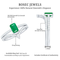 Certified natural emerald and diamond engagement and wedding band set by Rosec Jewels, featuring emerald-cut stones and elegant design.