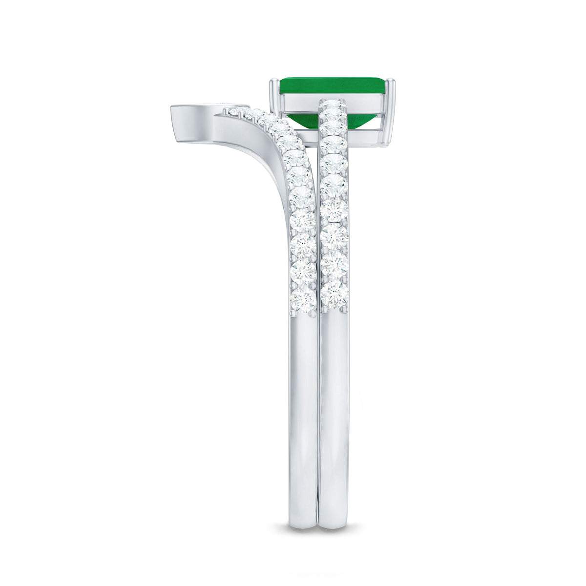Certified Natural Emerald and Diamond engagement ring and wedding band set by Rosec Jewels, featuring emerald cut design in rings.