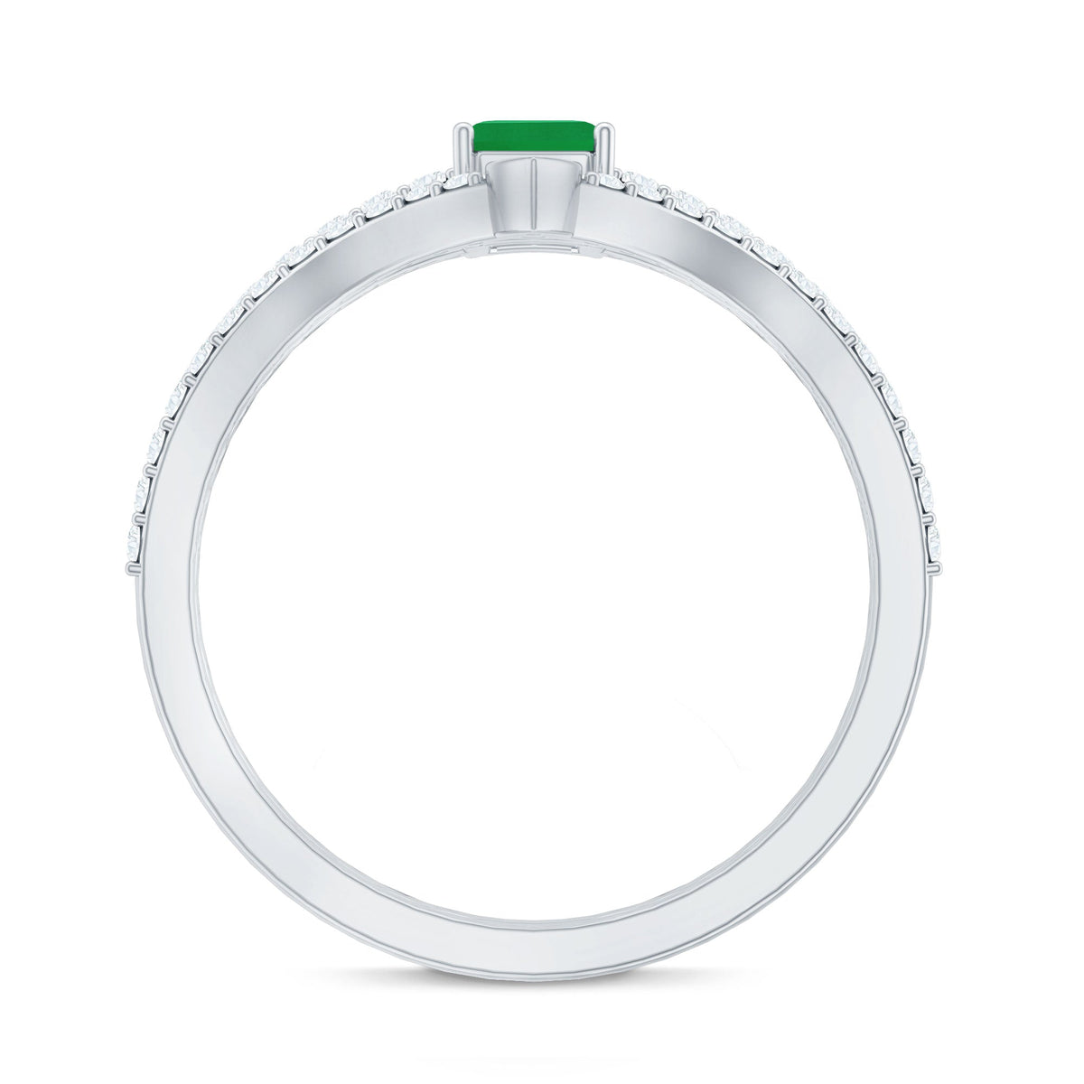 Certified natural emerald diamond engagement and wedding band set by Rosec Jewels featuring emerald cut rings with sparkling green gemstones.