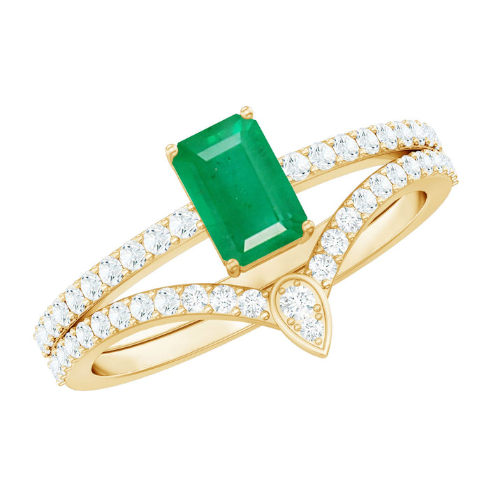 Certified natural emerald diamond engagement and wedding band set by Rosec Jewels featuring an emerald cut design.