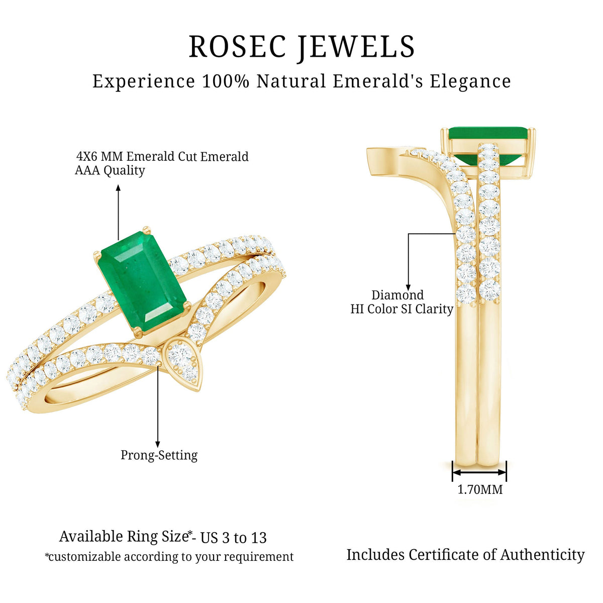Certified natural emerald and diamond engagement and wedding ring set by Rosec Jewels, featuring emerald cut design.