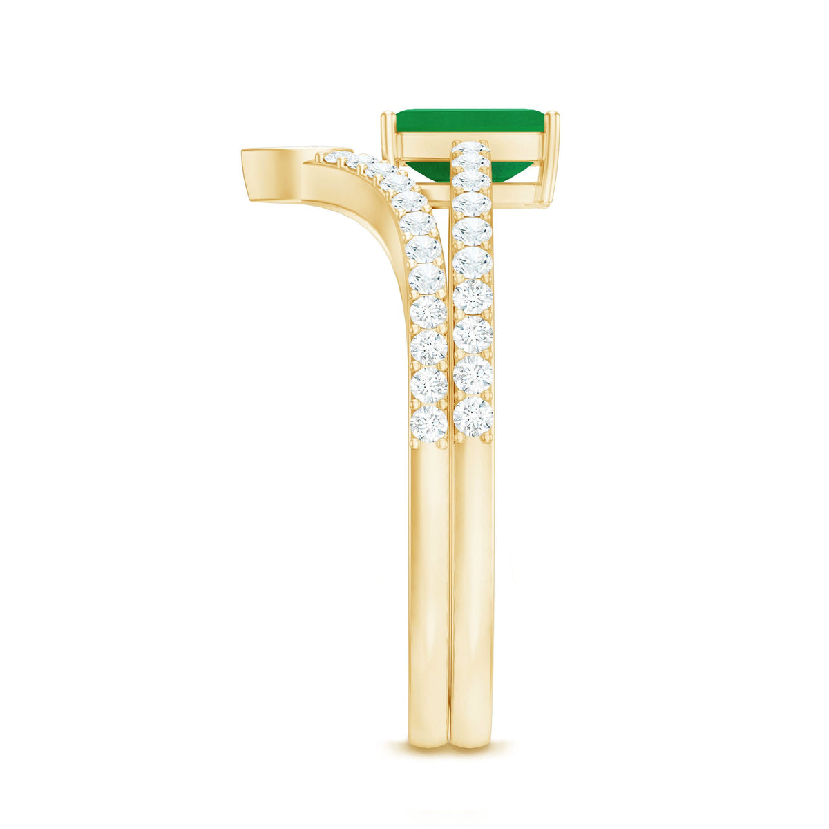Certified natural emerald and diamond engagement and wedding band set from Rosec Jewels featuring emerald cut rings with intricate detailing.