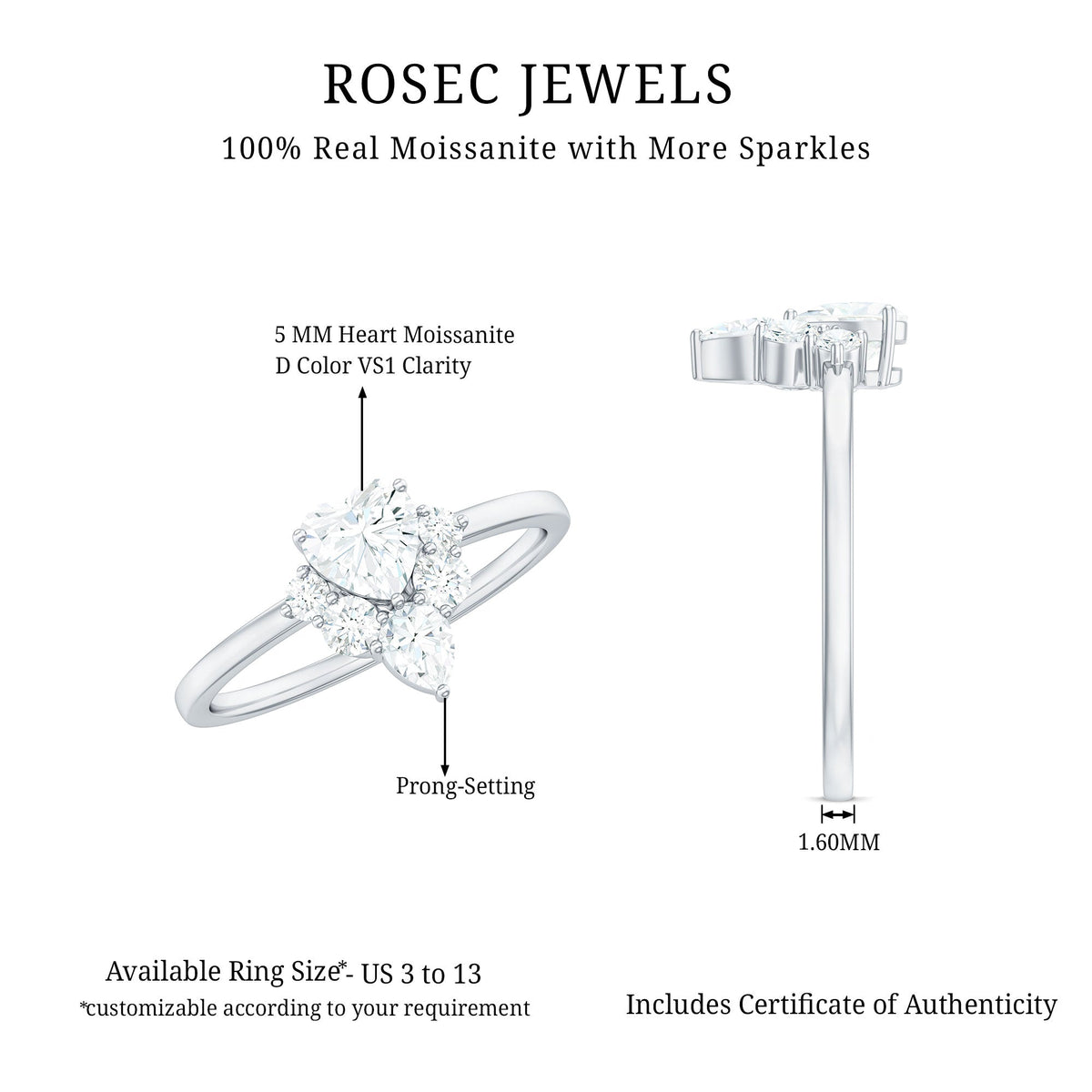 Certified Moissanite Heart Promise Ring with Accent