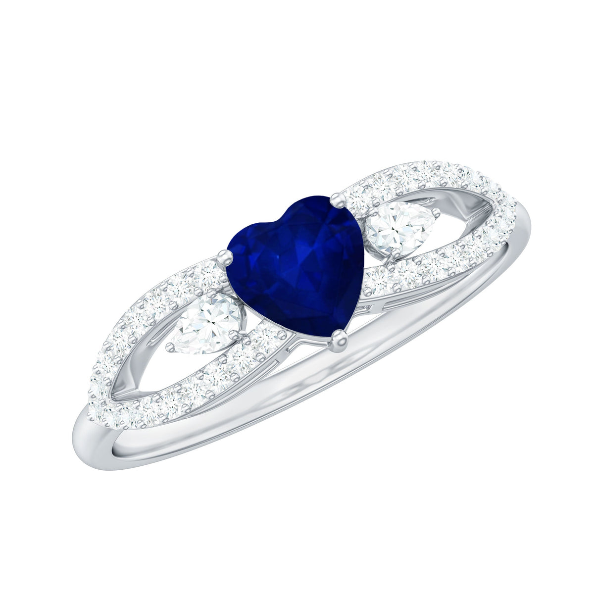 Real 0.6 carat blue sapphire and diamond heart promise ring with split shank by Rosec Jewels, featuring a romantic design and sparkling stones.