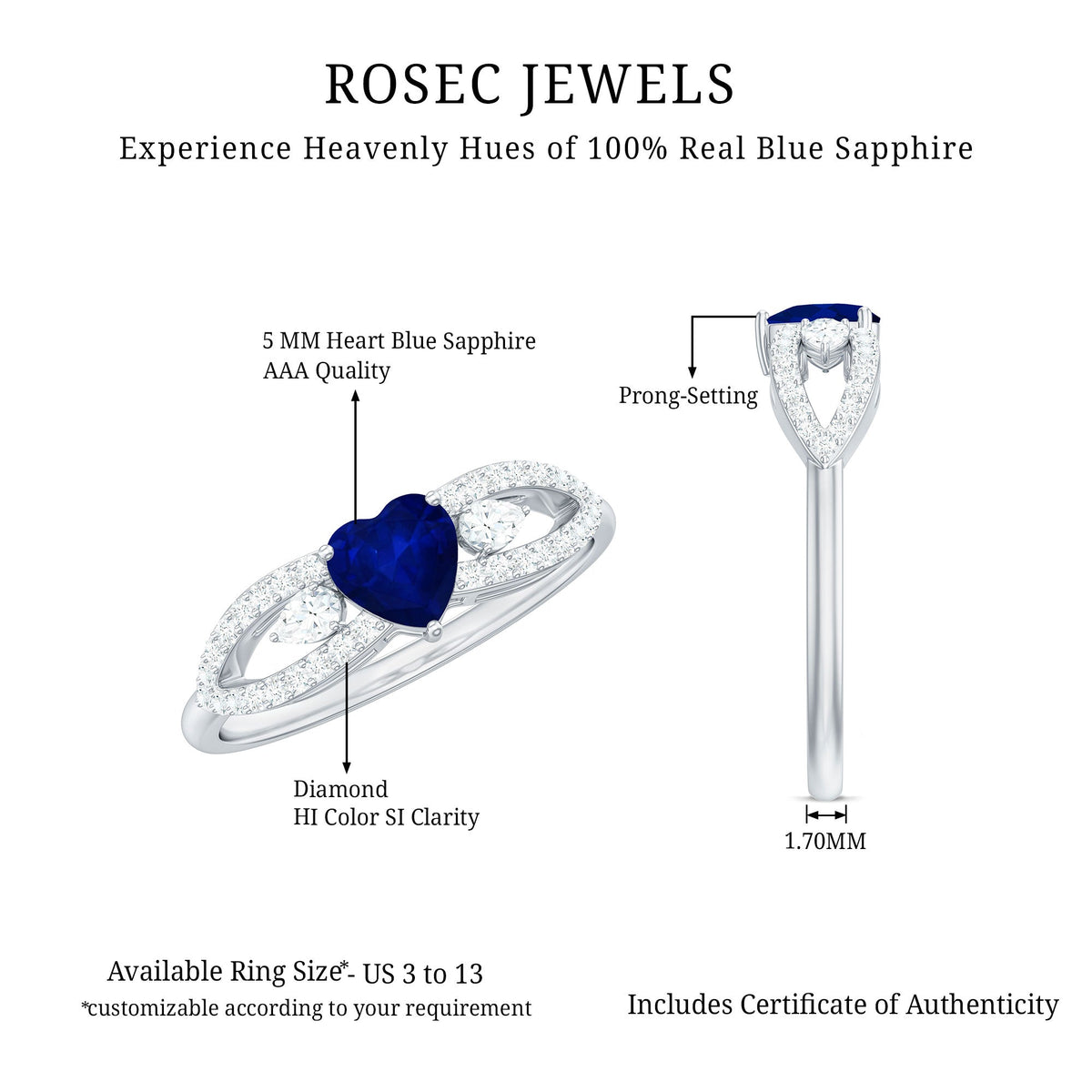Real 0.6 carat blue sapphire and diamond heart promise ring with split shank design from Rosec Jewels.