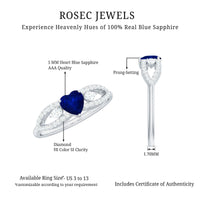 Real 0.6 carat blue sapphire and diamond heart promise ring with split shank design from Rosec Jewels.