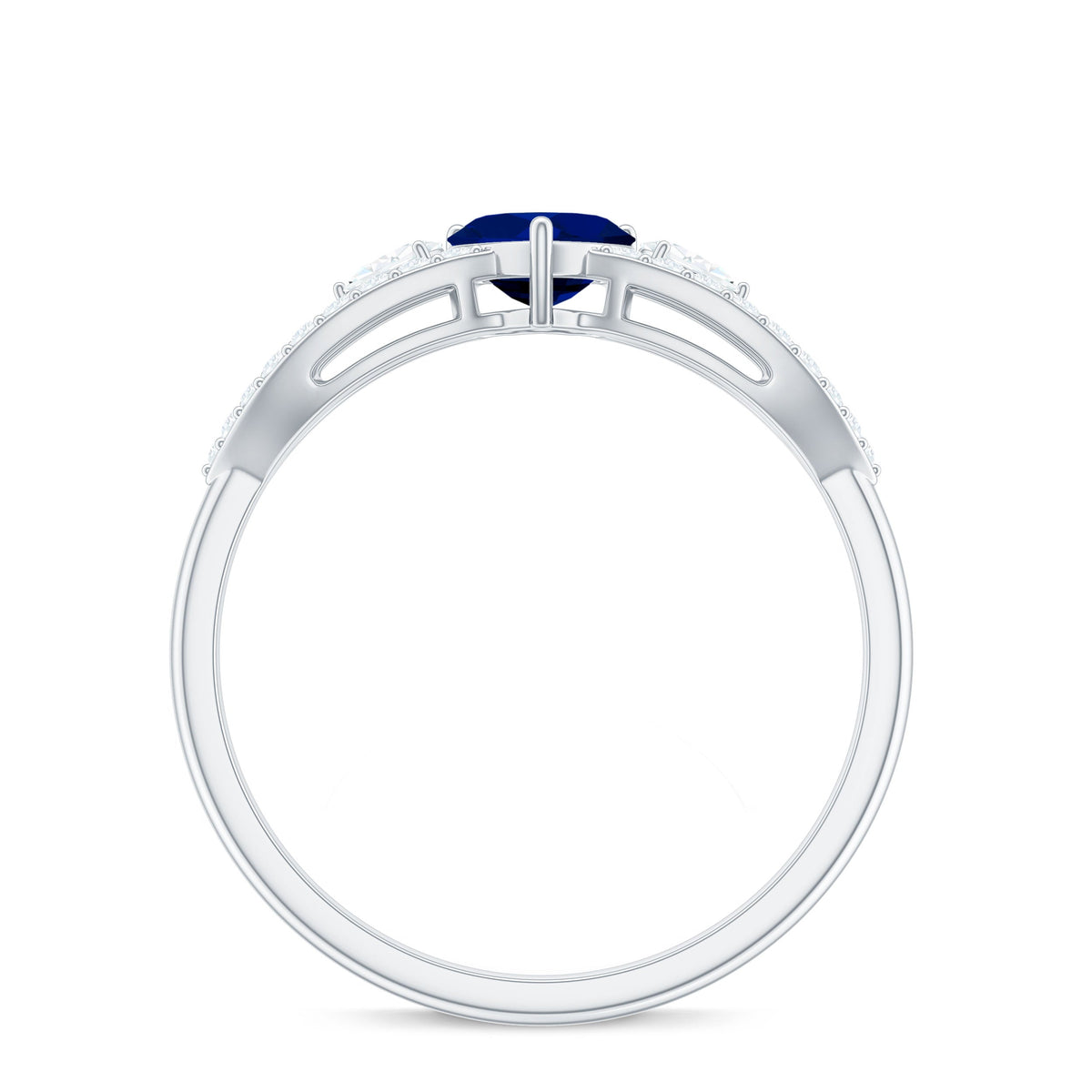 Rosec Jewels real 0.6 carat blue sapphire and diamond heart promise ring with split shank design, showcasing elegance and sparkle.
