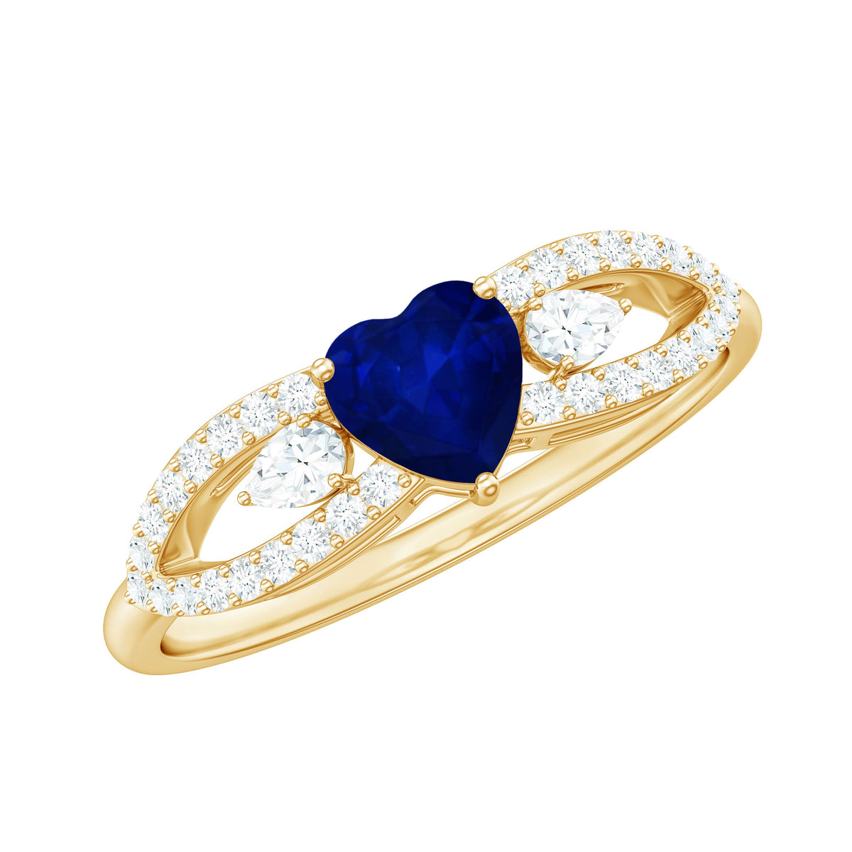 Real 0.6 carat blue sapphire and diamond heart promise ring with split shank, crafted by Rosec Jewels.