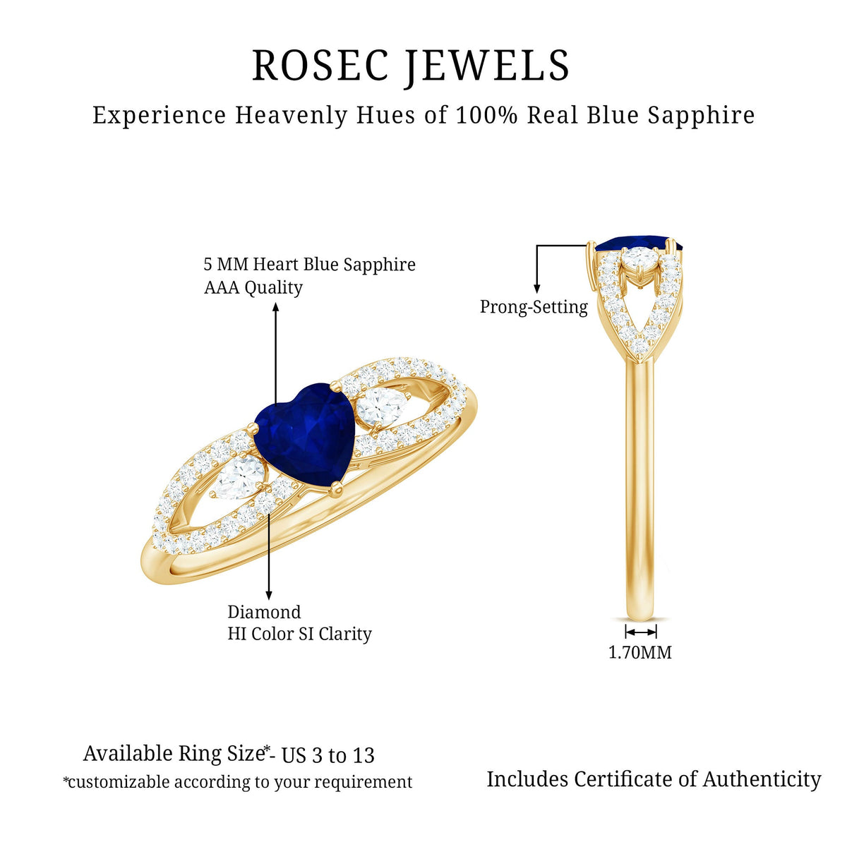 Real 0.6 carat blue sapphire and diamond heart promise ring with split shank by Rosec Jewels, featuring elegant gemstone details.