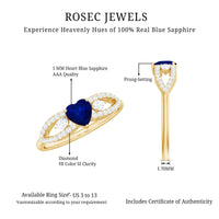 Real 0.6 carat blue sapphire and diamond heart promise ring with split shank by Rosec Jewels, featuring elegant gemstone details.