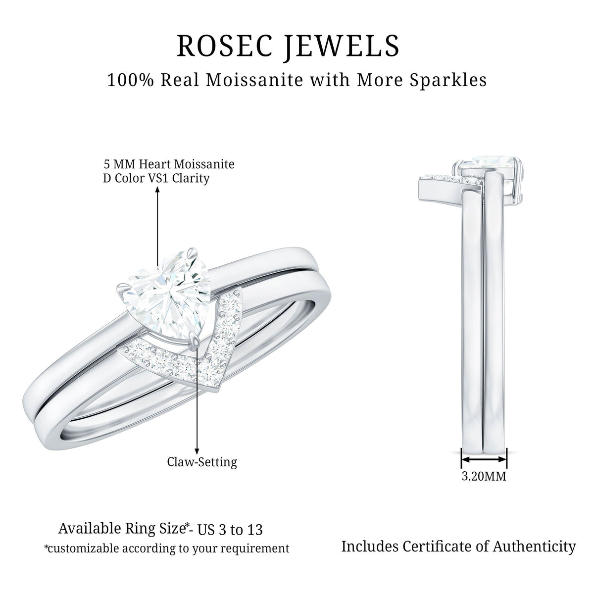 Heart-shaped moissanite solitaire wedding ring set for women, featuring elegant rings from Rosec Jewels.
