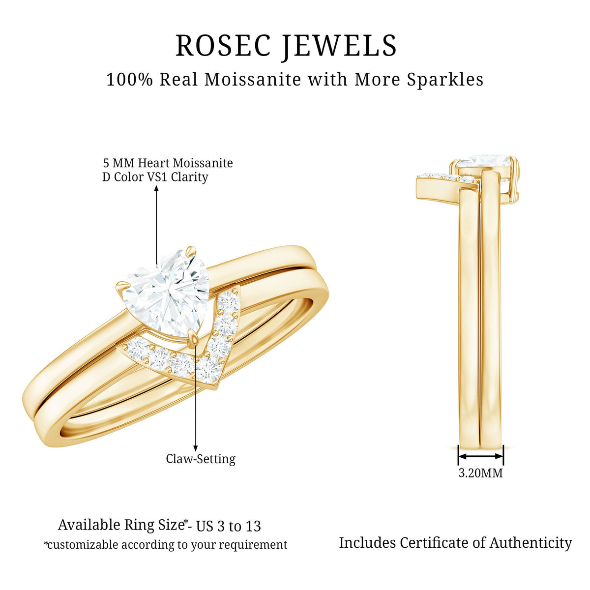 Heart-shaped moissanite solitaire wedding ring set for women by Rosec Jewels, featuring a sparkling center stone and elegant band design.