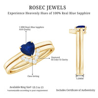 3/4 CT Heart Shape Blue Sapphire Solitaire Ring Set with Diamond Chevron Band