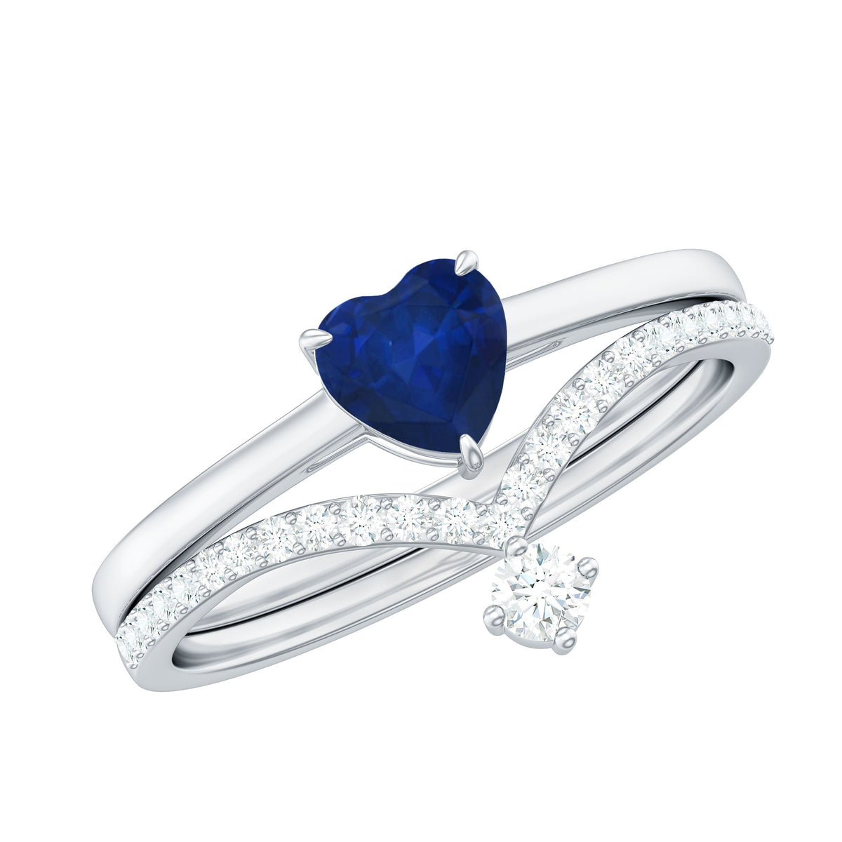 Heart-shaped blue sapphire solitaire wedding ring set with diamond accents, showcasing elegant rose gold bands and detailed craftsmanship.
