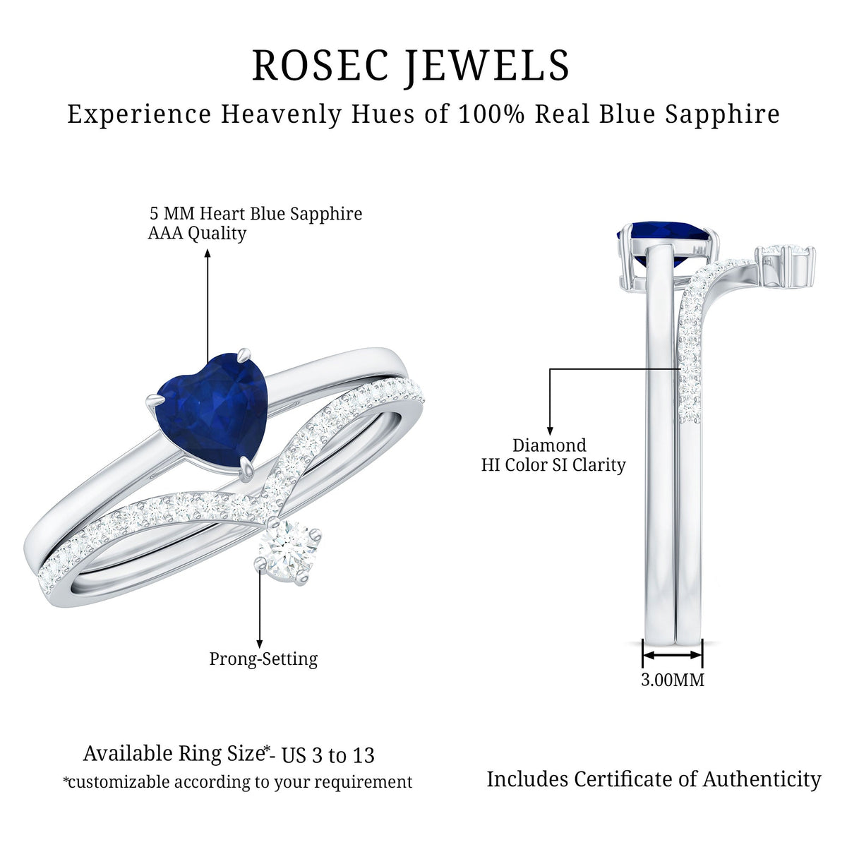 Heart-shaped blue sapphire solitaire wedding ring set with diamonds, featuring elegant rings from Rosec Jewels.