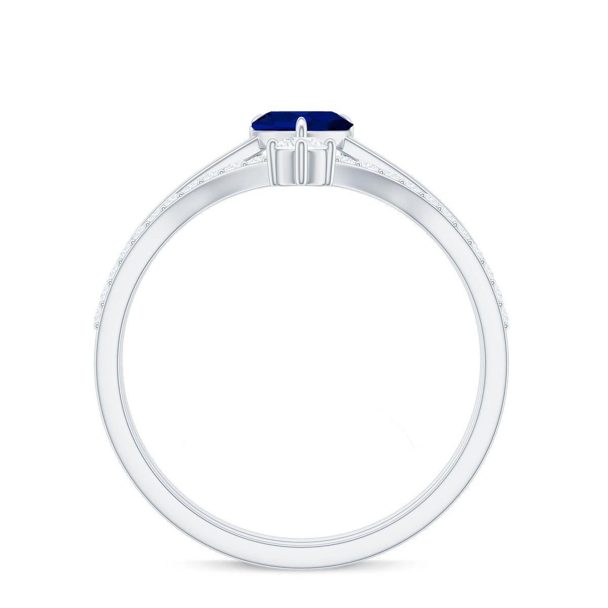 Heart-shaped blue sapphire solitaire wedding ring set with diamond accents from Rosec Jewels, featuring a silver band and elegant design.