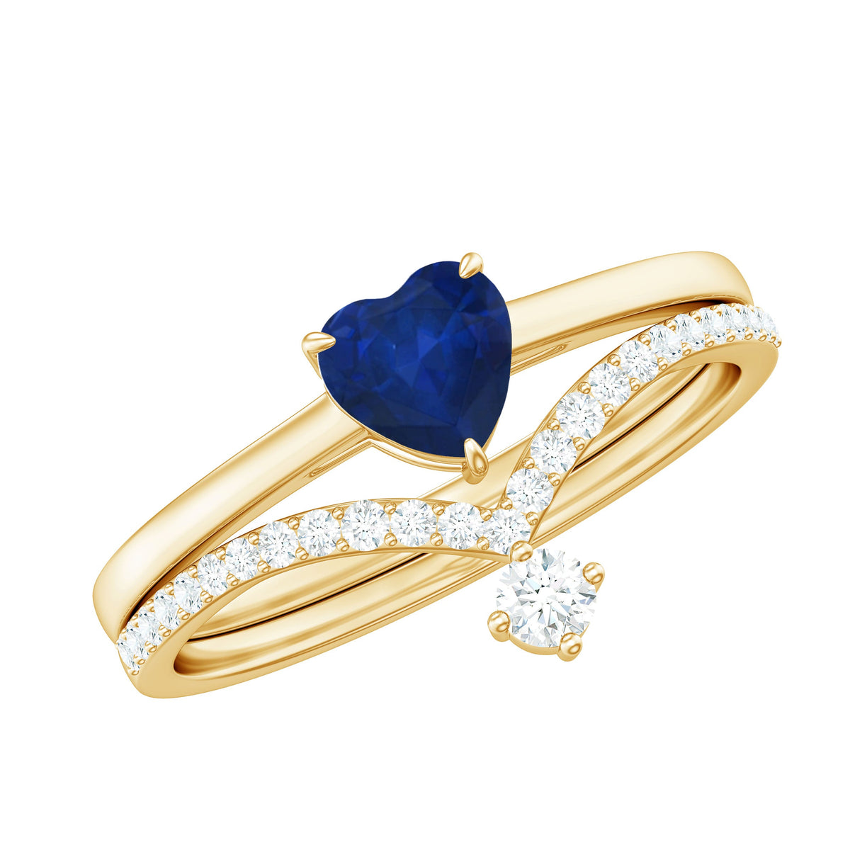 Heart-shaped blue sapphire solitaire wedding ring set with diamond accents by Rosec Jewels, showcasing elegant blue gemstones and intricate design.