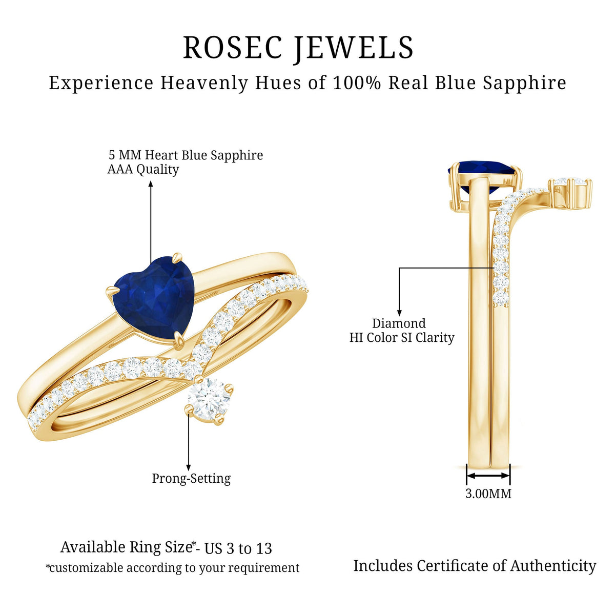 Heart-shaped blue sapphire solitaire wedding ring set with diamond accents, featuring a rose gold band from Rosec Jewels.