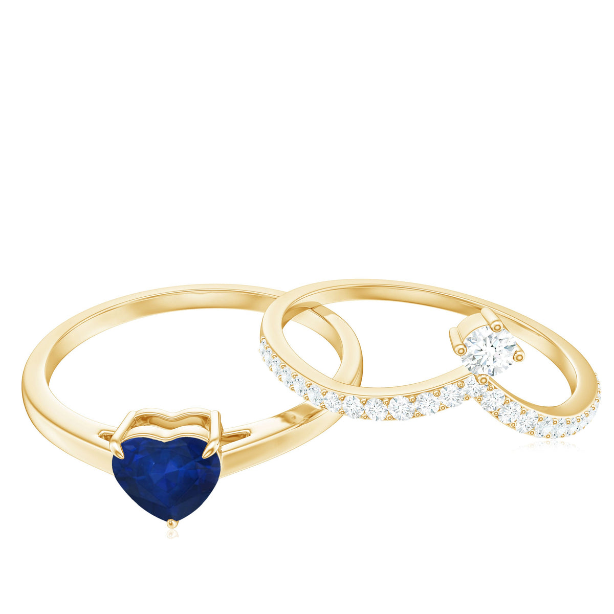 Heart-shaped blue sapphire solitaire wedding ring set with diamond accents, featuring a rose gold band and elegant design.