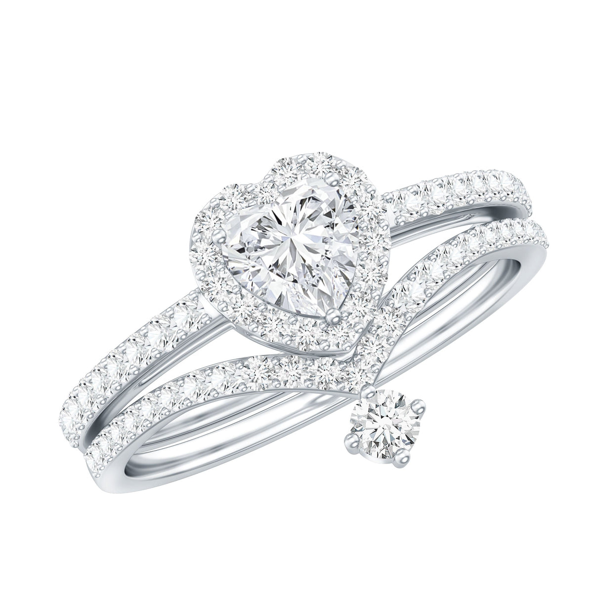 Cubic Zirconia Heart Ring Set with V Shape Band