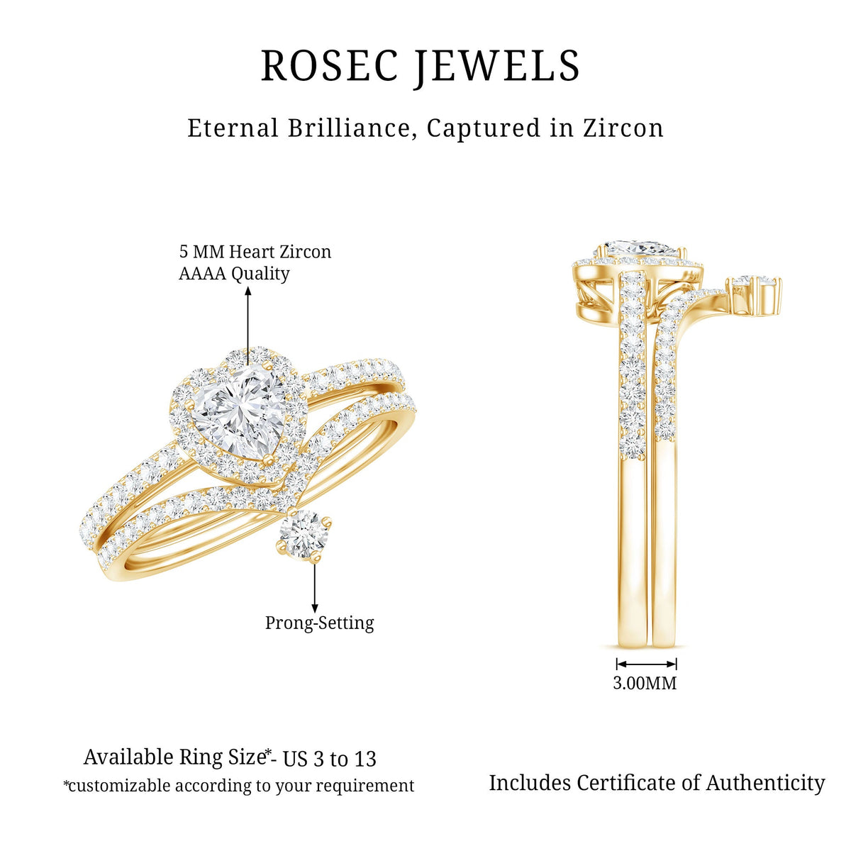 Cubic Zirconia Heart Ring Set with V Shape Band