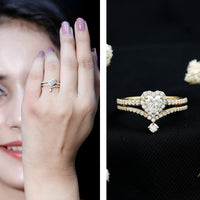 Cubic Zirconia Heart Ring Set with V Shape Band