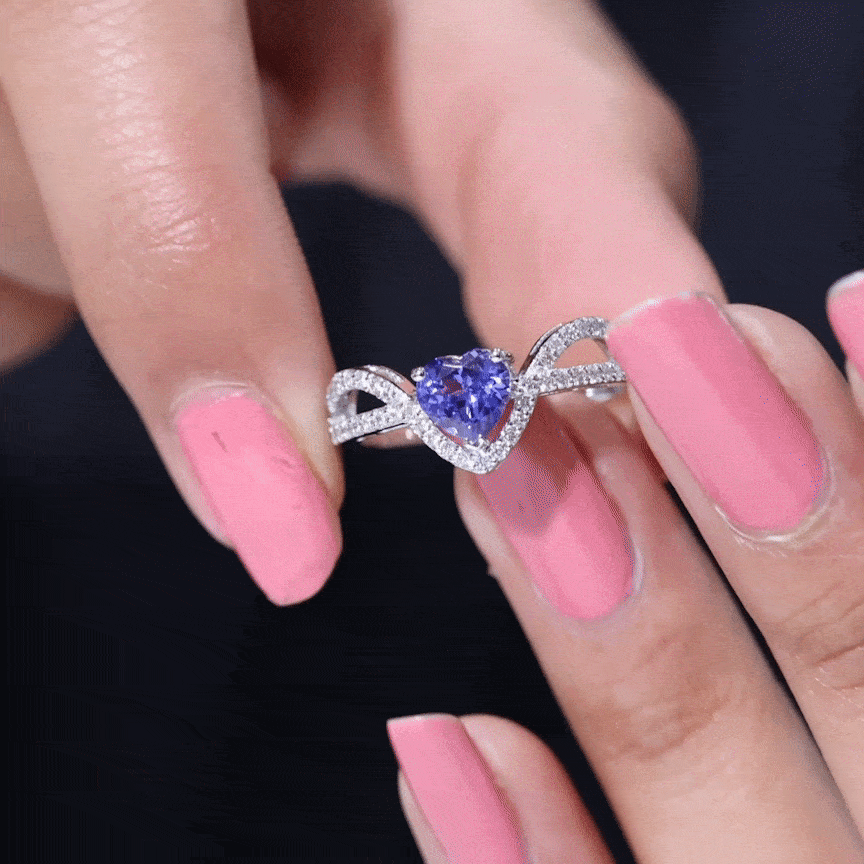 Heart-shaped Tanzanite and diamond designer engagement ring by Rosec Jewels, featuring a delicate band and intricate details.