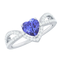 Heart-shaped Tanzanite and diamond designer engagement ring by Rosec Jewels, showcasing sparkling gemstones and intricate band details.