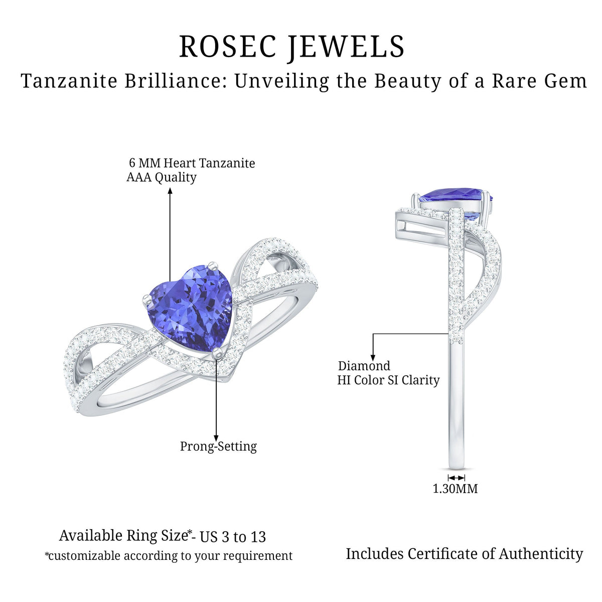 Heart-shaped Tanzanite and diamond designer engagement ring by Rosec Jewels featuring intricate detailing and elegant craftsmanship.