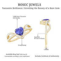 Heart-shaped Tanzanite and diamond engagement ring by Rosec Jewels featuring intricate design and sparkling gemstones.