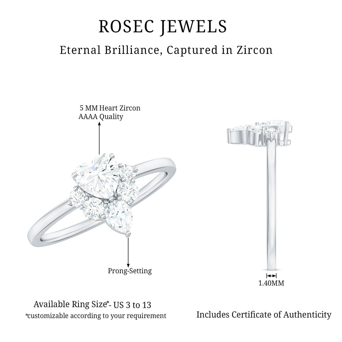 Cubic zirconia heart engagement ring with side stones from Rosec Jewels, featuring a sparkling center heart-shaped stone and elegant design.