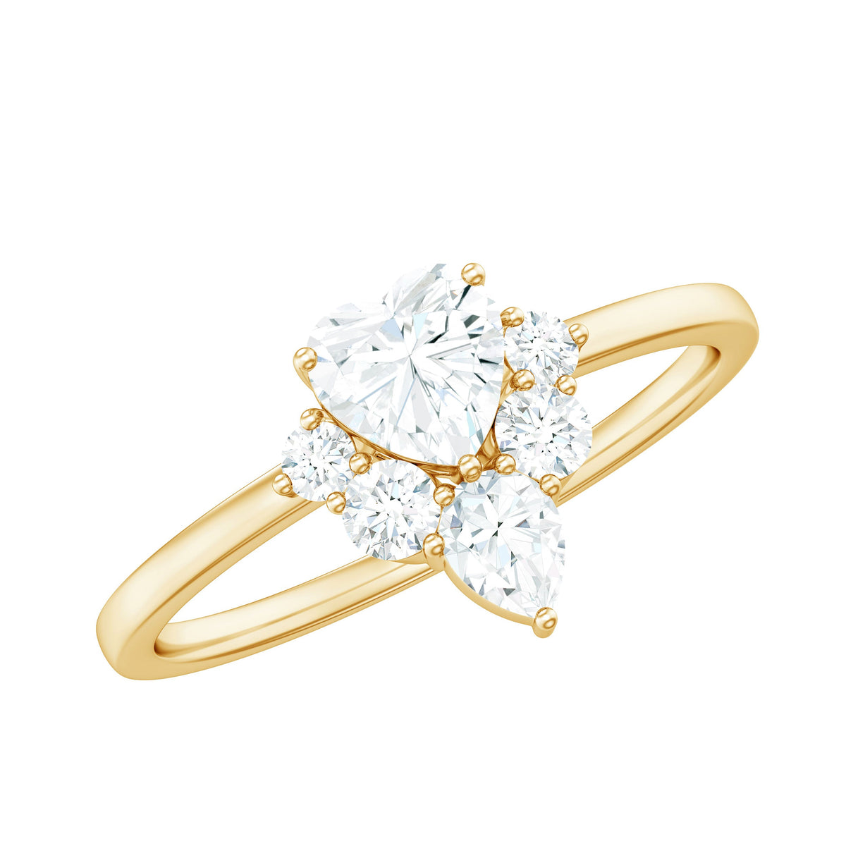 Rosec Jewels 1 CT cubic zirconia heart engagement ring with side stones, showcasing a sparkling heart-shaped centerpiece and elegant design.