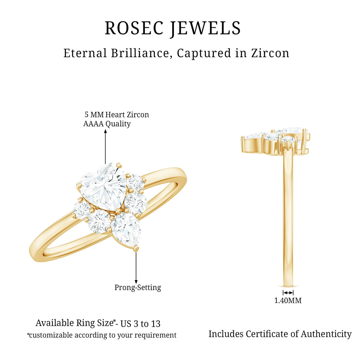Rosec Jewels 1 CT cubic zirconia heart engagement ring with side stones, featuring a sparkling center stone and detailed band design.