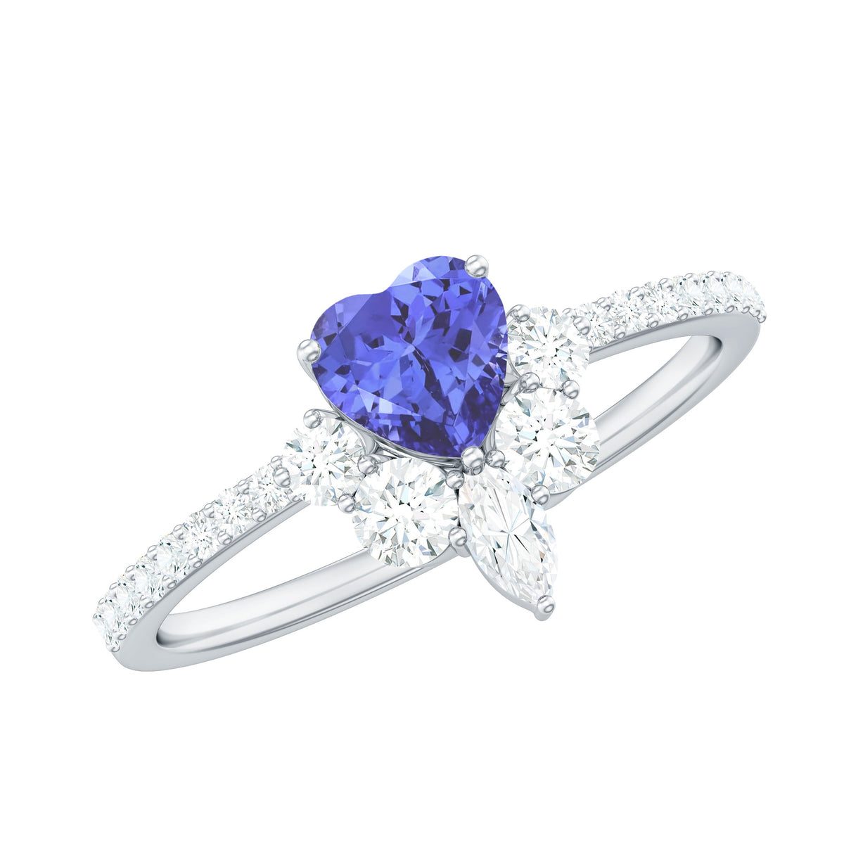 Natural Tanzanite and diamond heart-shaped promise ring from Rosec Jewels, featuring elegant design and sparkling gemstones.