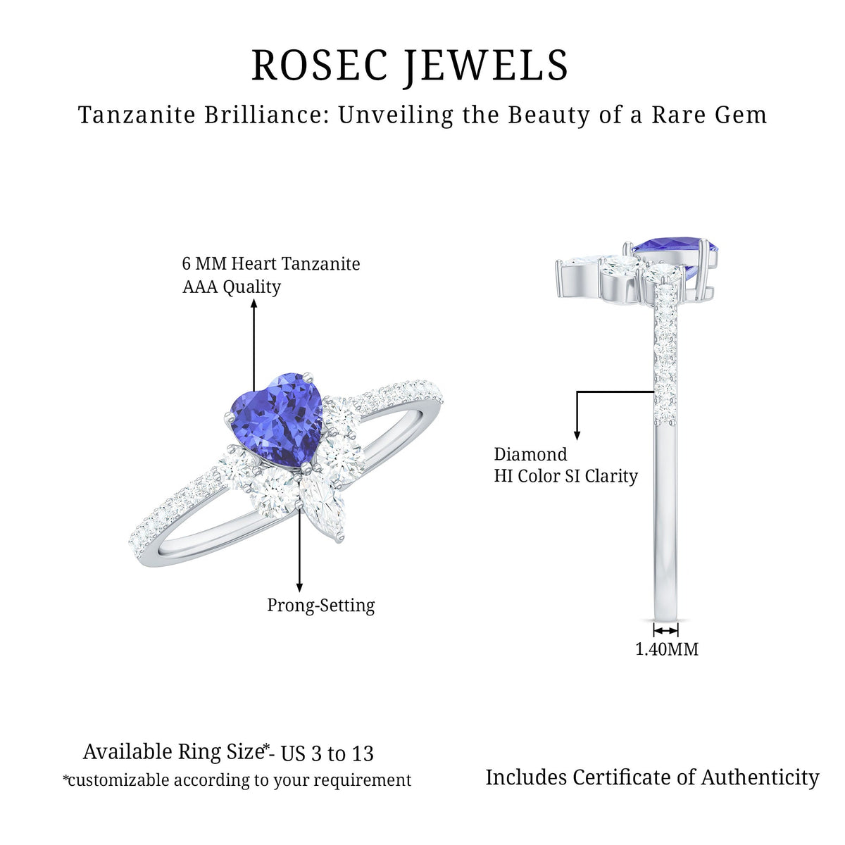 Natural tanzanite and diamond heart promise ring for engagement, featuring a gold band with intricate detailing by Rosec Jewels.