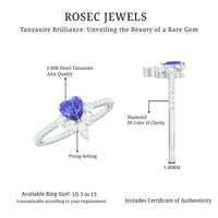 Natural tanzanite and diamond heart promise ring for engagement, featuring a gold band with intricate detailing by Rosec Jewels.