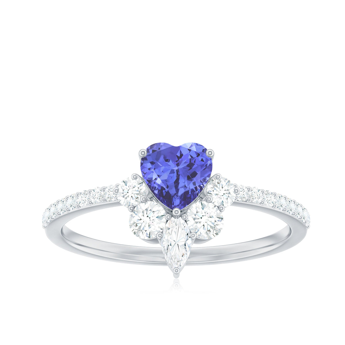 Natural Tanzanite and diamond heart promise ring by Rosec Jewels, featuring a blue tanzanite center stone with sparkling diamonds.