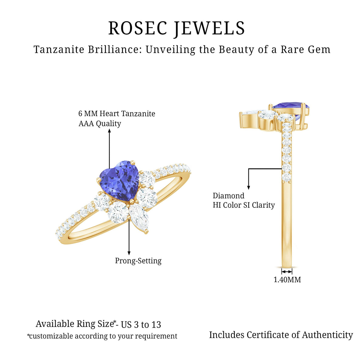 Natural Tanzanite diamond heart promise ring for engagement by Rosec Jewels, featuring a heart-shaped Tanzanite and sparkling diamonds.