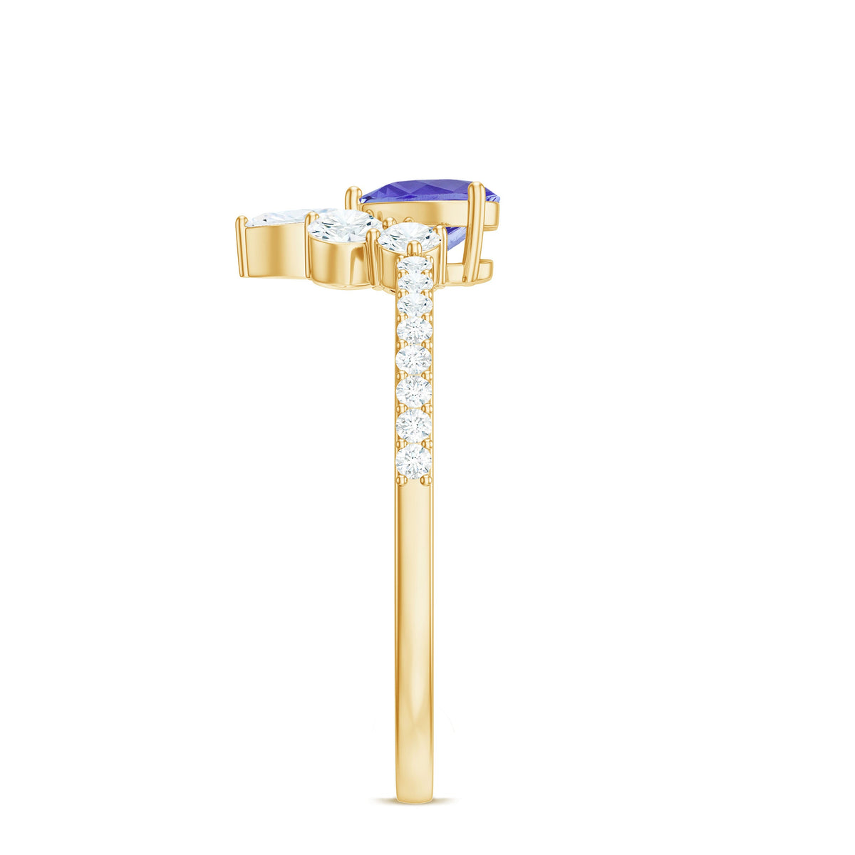 Natural Tanzanite and diamond heart-shaped engagement ring by Rosec Jewels featuring a detailed band and sparkling stones.