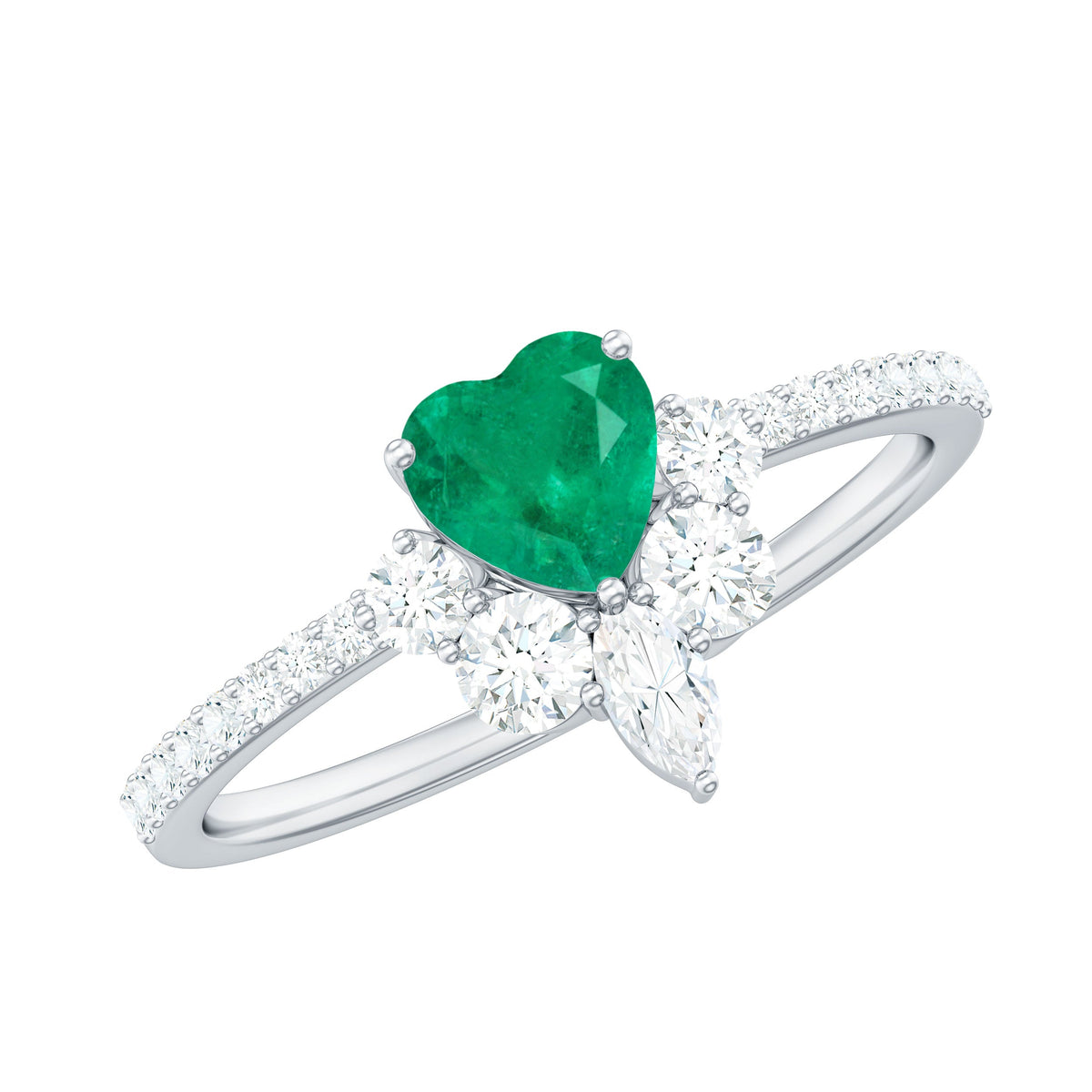 Natural emerald heart promise ring with diamond accents from Rosec Jewels, showcasing the detailed gemstone and elegant design.