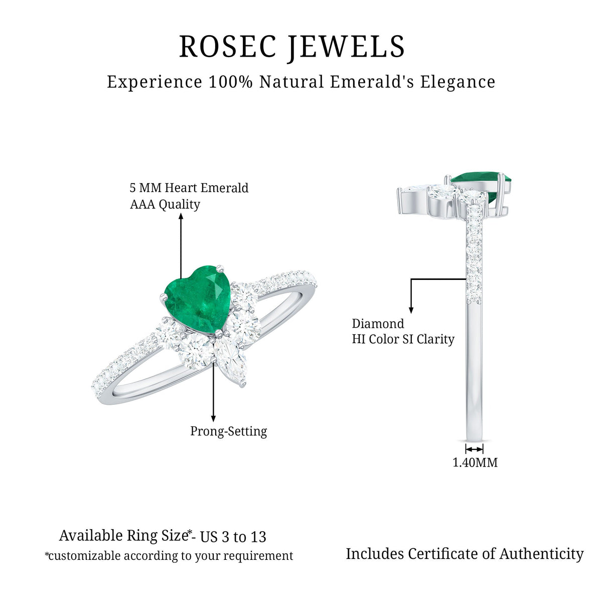 Natural emerald heart promise ring with diamond accents from Rosec Jewels, featuring a green emerald heart and sparkling diamonds.