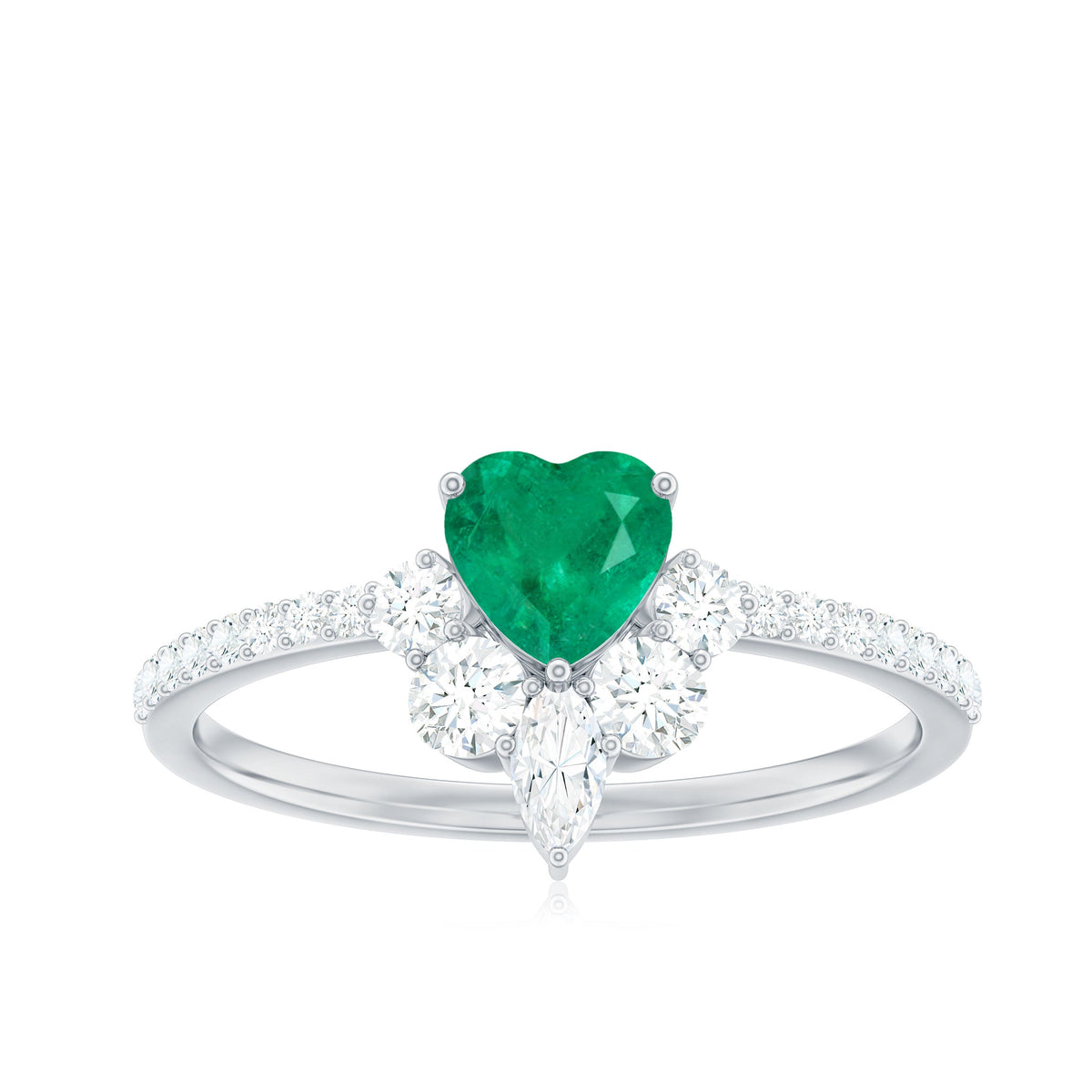 Natural emerald heart promise ring with diamond accents by Rosec Jewels, featuring a green emerald heart centerpiece and sparkling diamonds.
