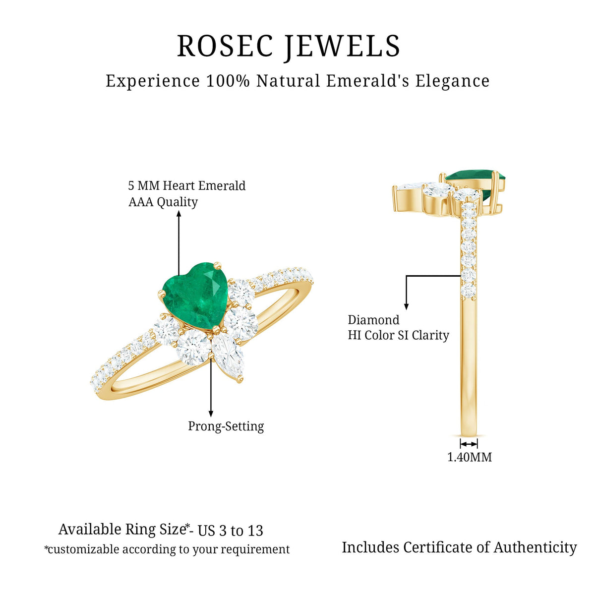 Natural emerald heart promise ring with diamond accents from Rosec Jewels, showcasing a green emerald heart design and sparkling diamonds.