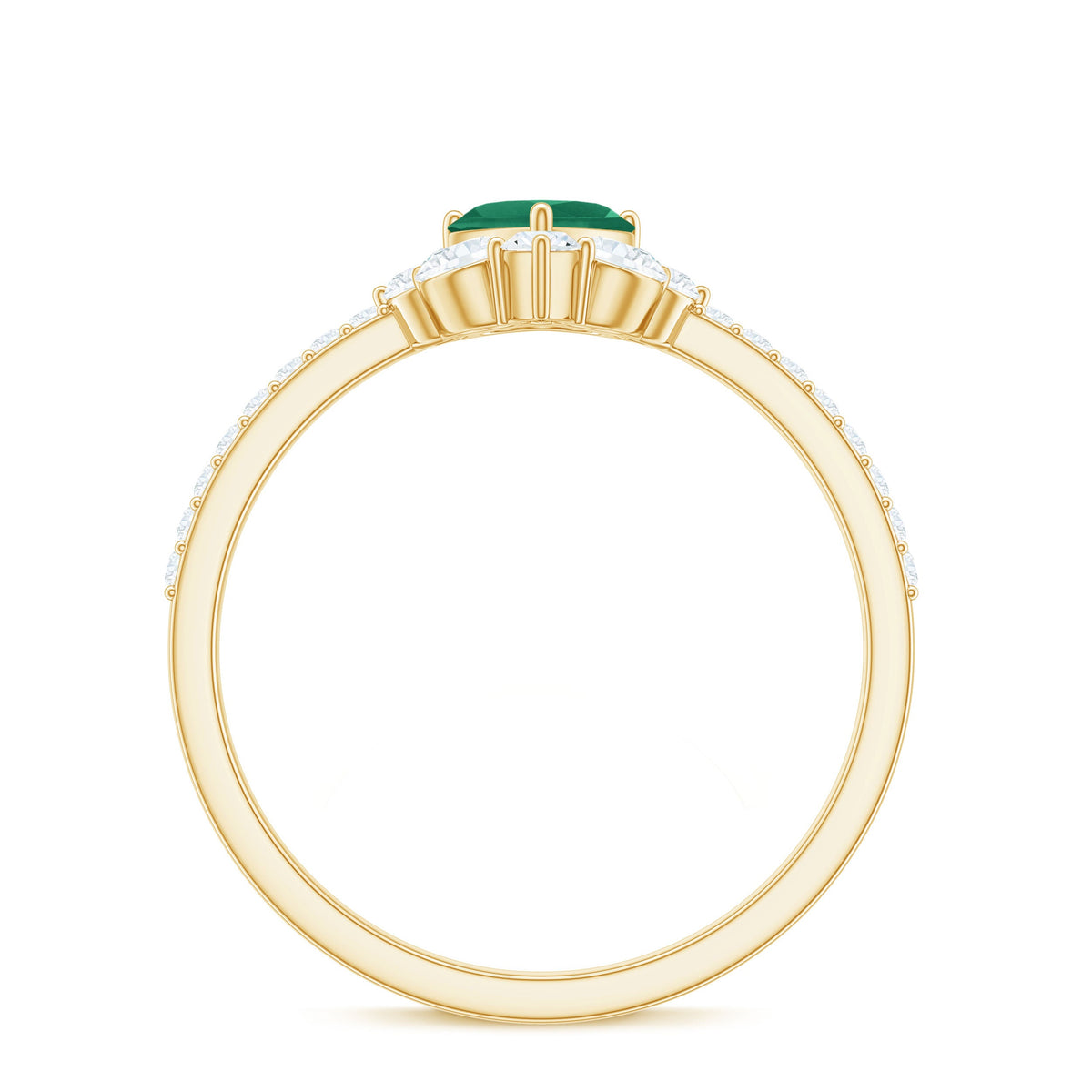 Natural emerald heart promise ring with diamond accents from Rosec Jewels, featuring a detailed gold band and intricate design.